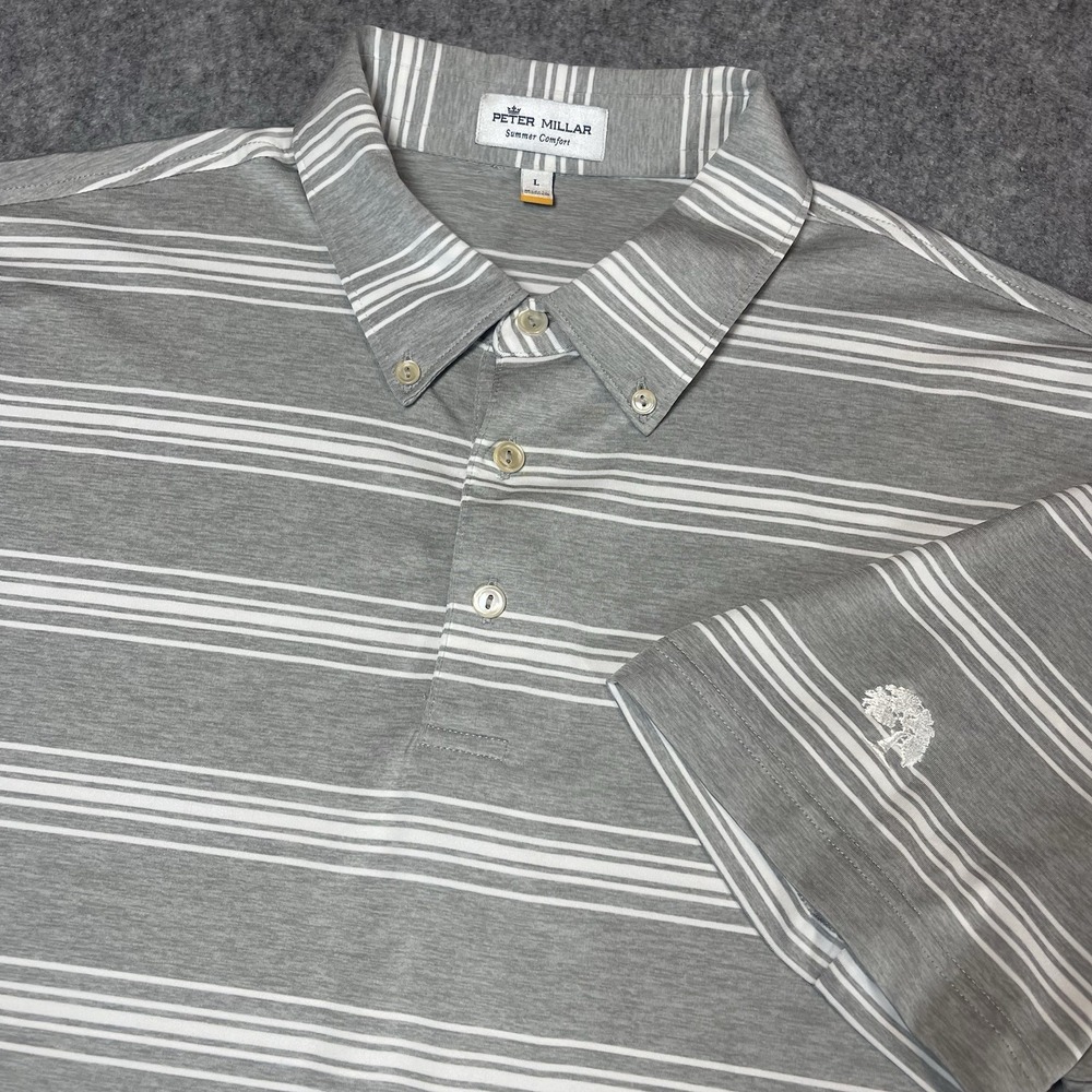 Peter Millar Polo Shirt Mens Large Gray Summer Comfort‎ Striped Logo Golf
